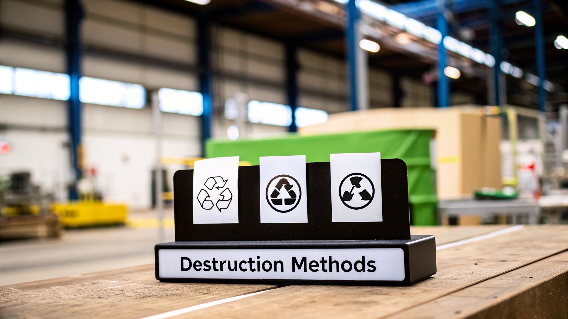 A display stand with symbols for recycling, material reuse, and secure destruction methods on a wooden table.