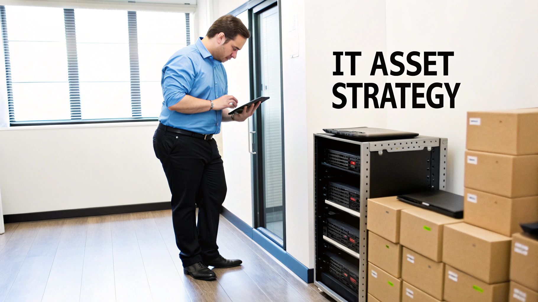 A man in a blue shirt uses a tablet, managing IT assets like servers and boxes, in an office.