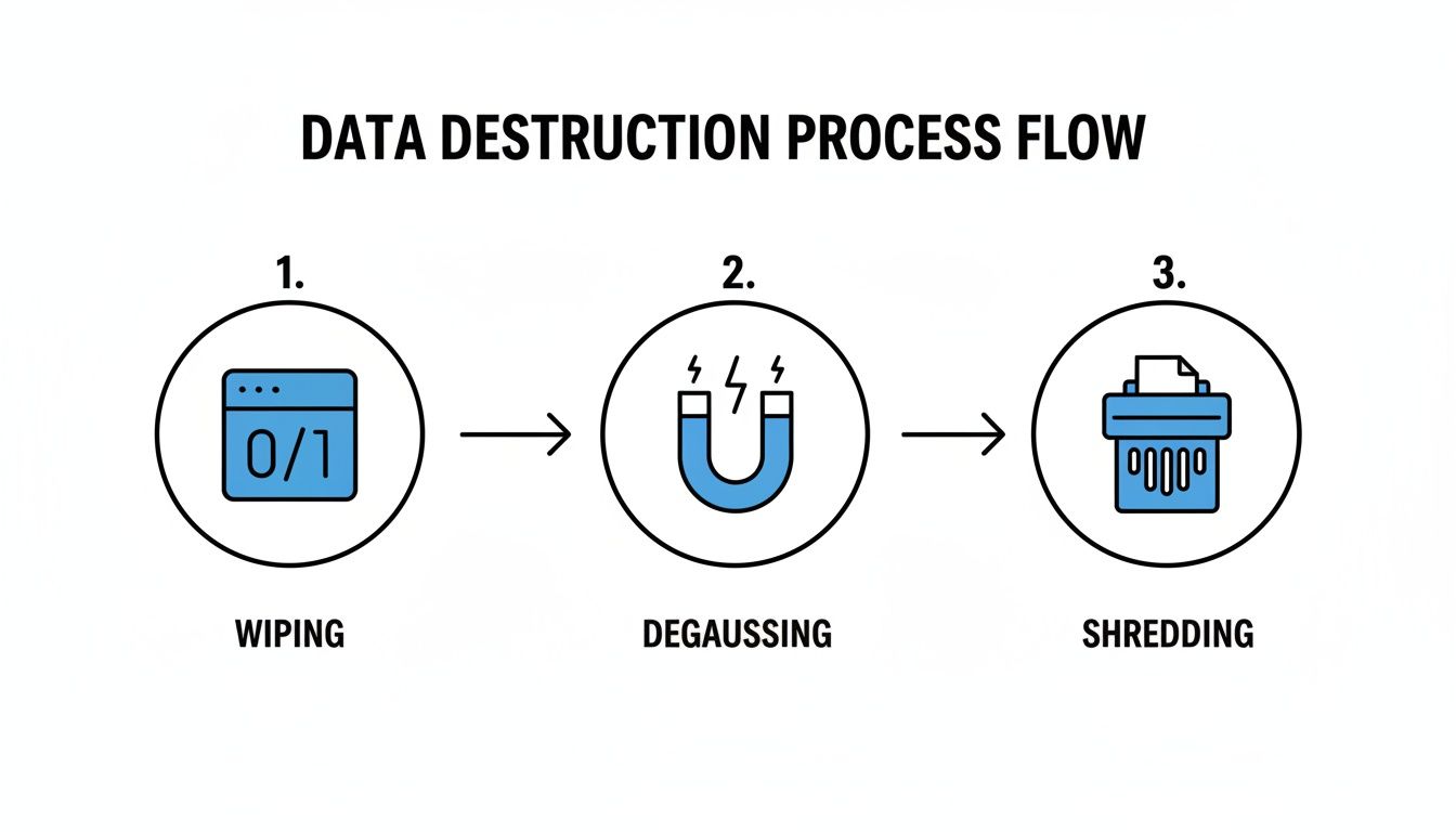 Flowchart detailing the data destruction process with steps: wiping, degaussing, and shredding electronic media.