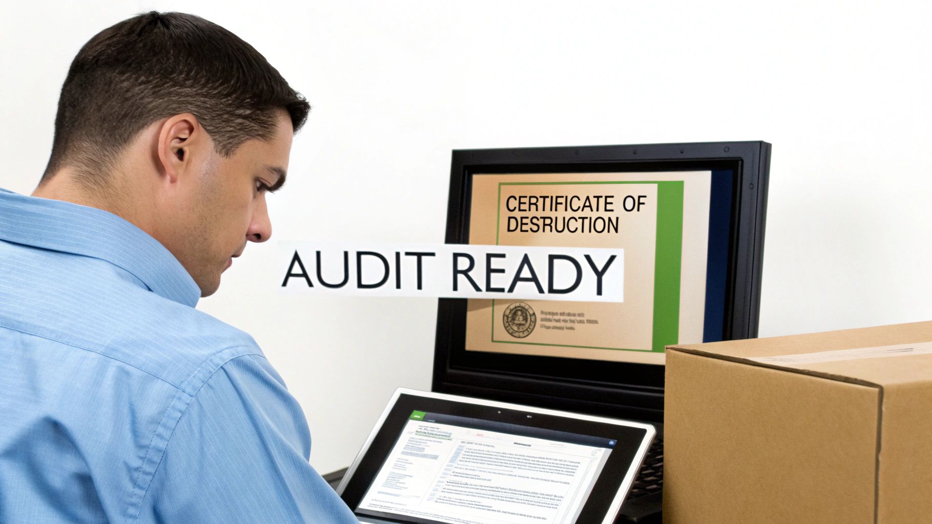 A man works on a tablet, a laptop displays a 'Certificate of Destruction' and 'Audit Ready' sign.