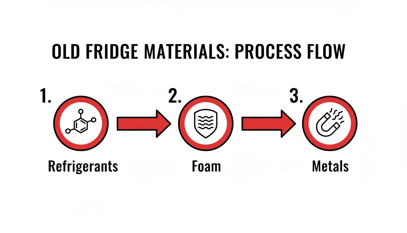 A diagram illustrates the process flow for old fridge materials: refrigerants, foam, and metals.
