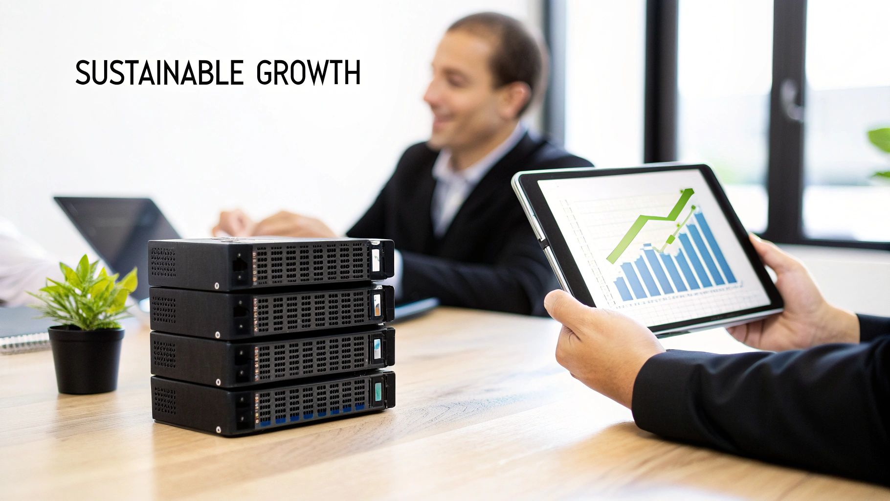 A person holds a tablet displaying a growth chart, next to stacked data servers on a table, symbolizing sustainable business growth.