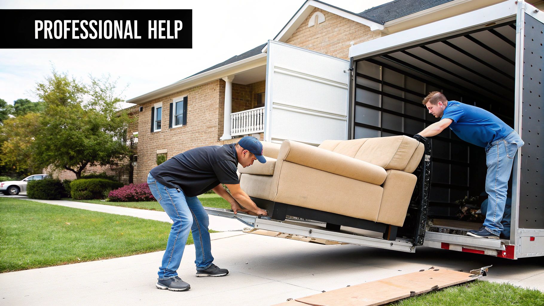 Two professional movers load a beige sofa onto a moving truck using a ramp.