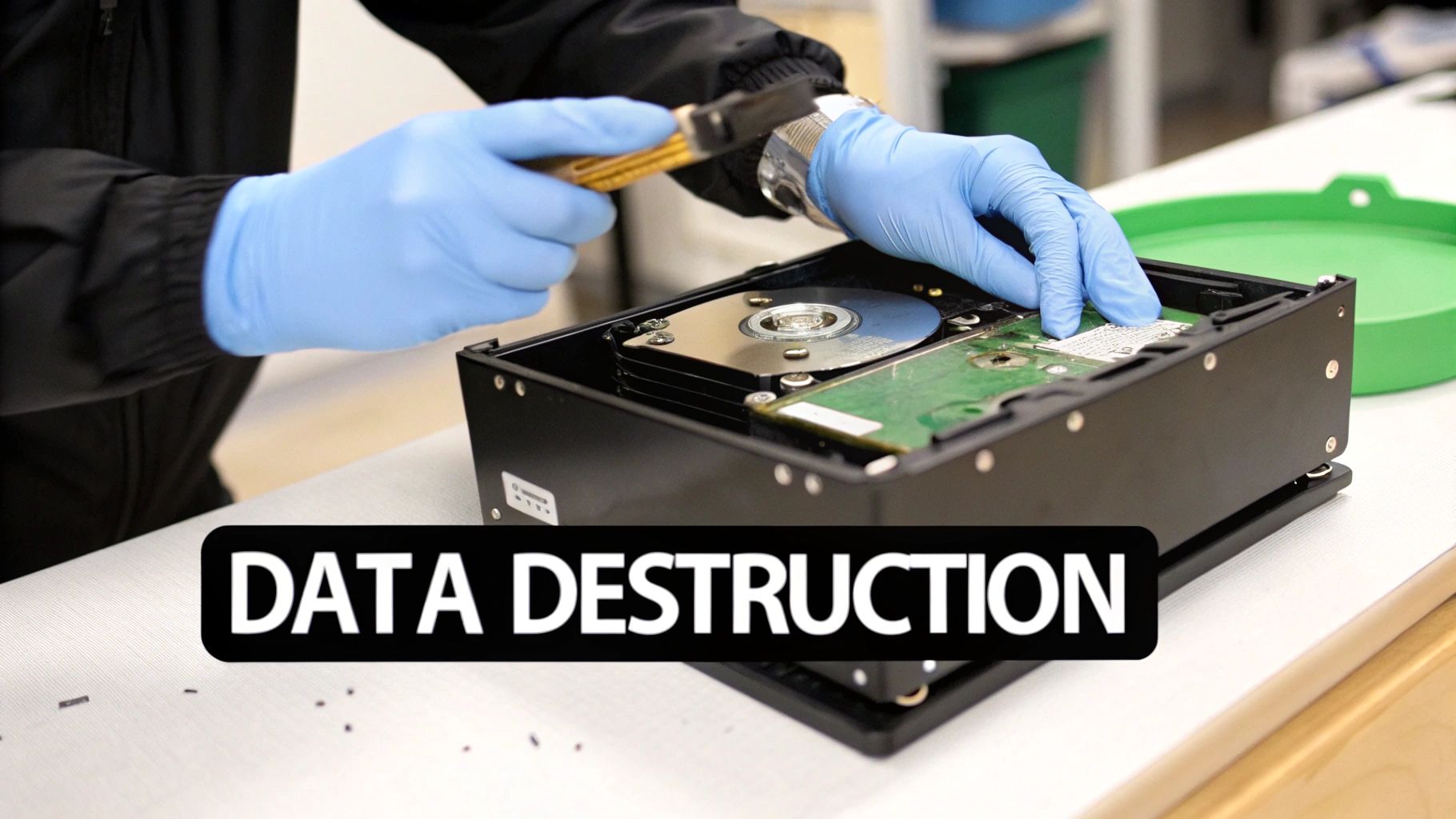 Gloved hands dismantle a hard drive with tools for data destruction, showing internal components.