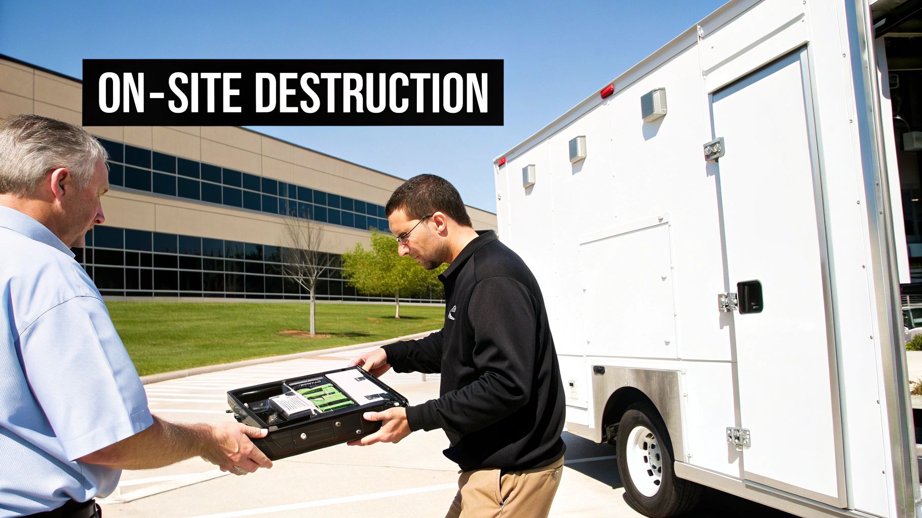 A technician receives a tray of hard drives from a client for on-site data destruction.