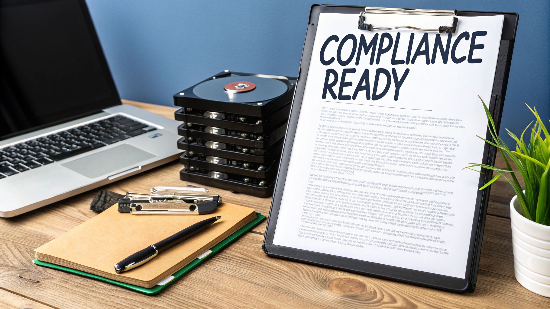 Laptop and clipboard displaying "COMPLIANCE READY" next to stacked hard drives, pen, and notebook, symbolizing secure data destruction and compliance in Colorado.