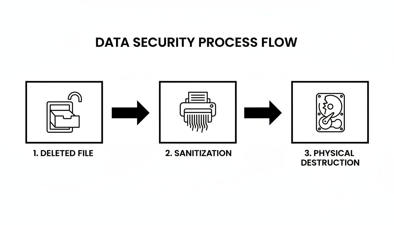 A data security process flow chart showing deletion, sanitization, and physical destruction of data.
