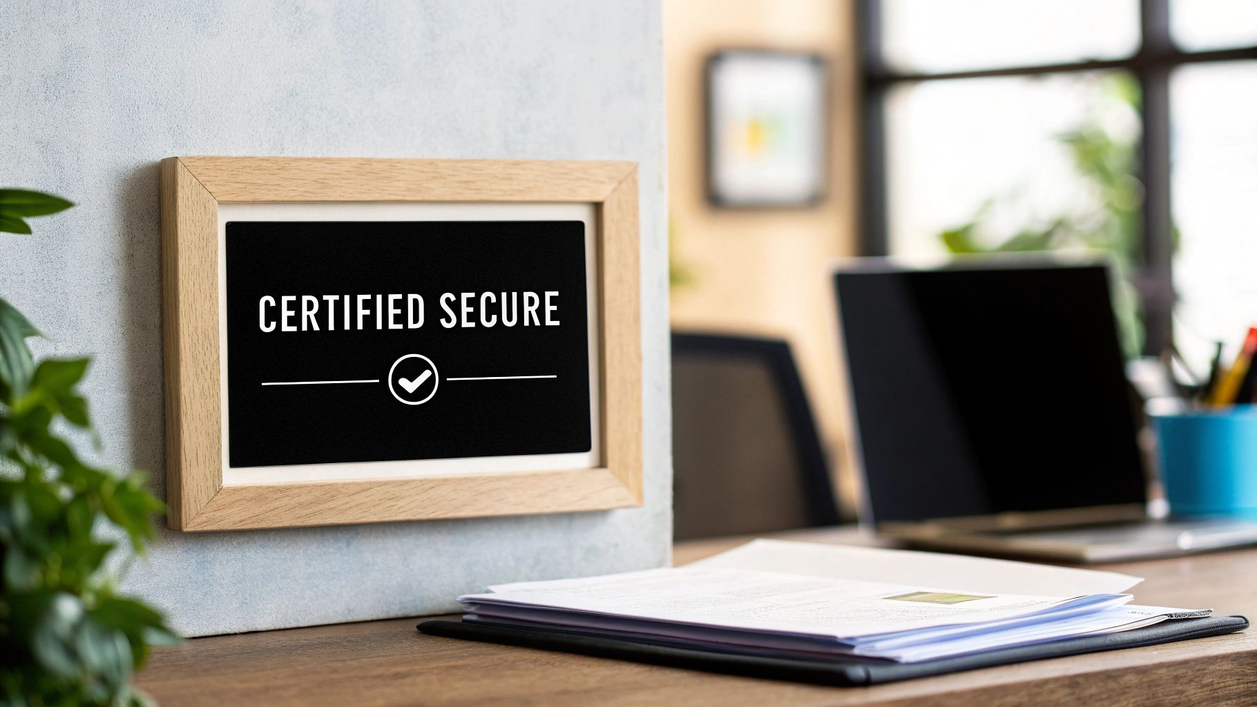 A wooden framed sign reading 'CERTIFIED SECURE' with a checkmark, on a desk with a laptop and documents.