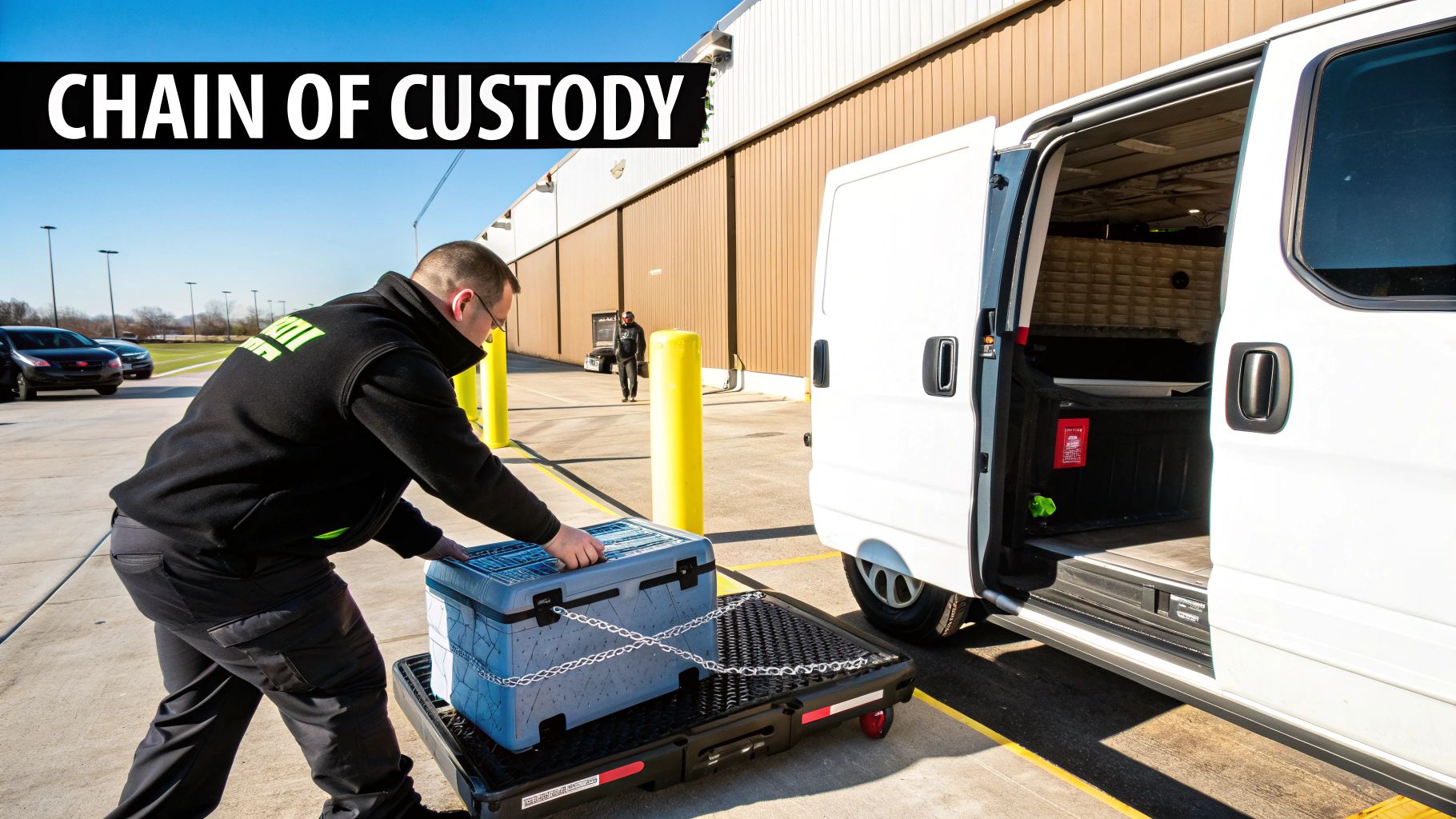 Worker loads a secure container into a white van, demonstrating chain of custody protocol.