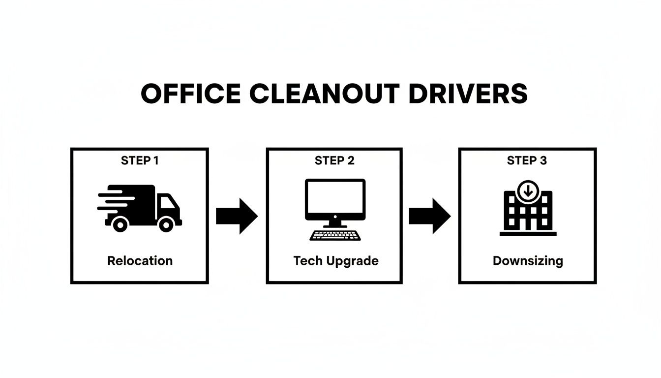 Diagram illustrating the three main drivers for office cleanout: relocation, tech upgrade, and downsizing.