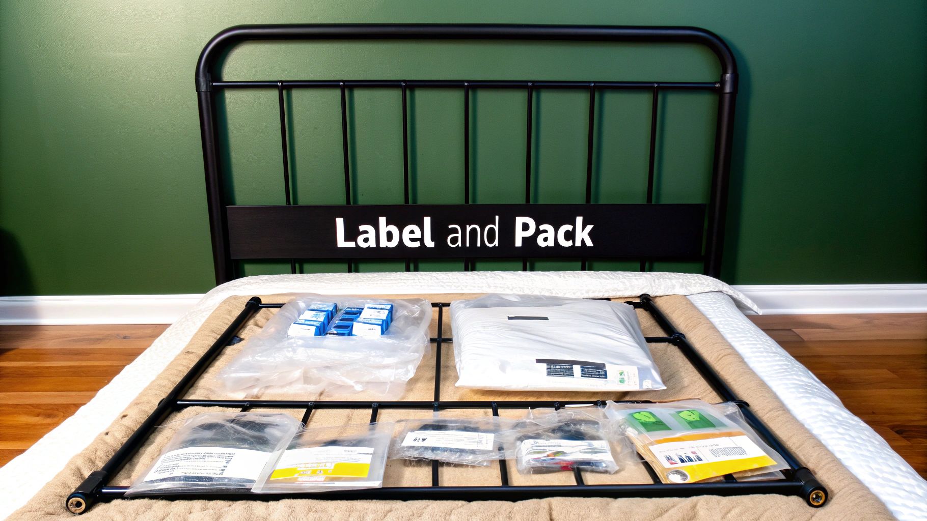 Disassembled metal bed frame parts with hardware and assembly instructions laid out on bedroom floor