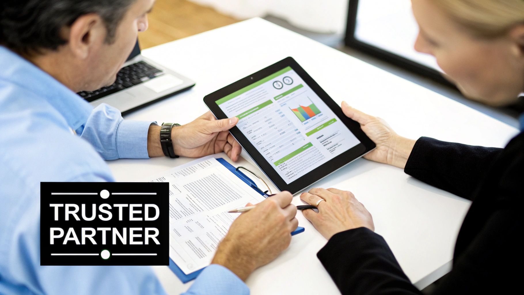 A person in a blue polo shirt and safety glasses is examining a circuit board at a well-lit workbench.