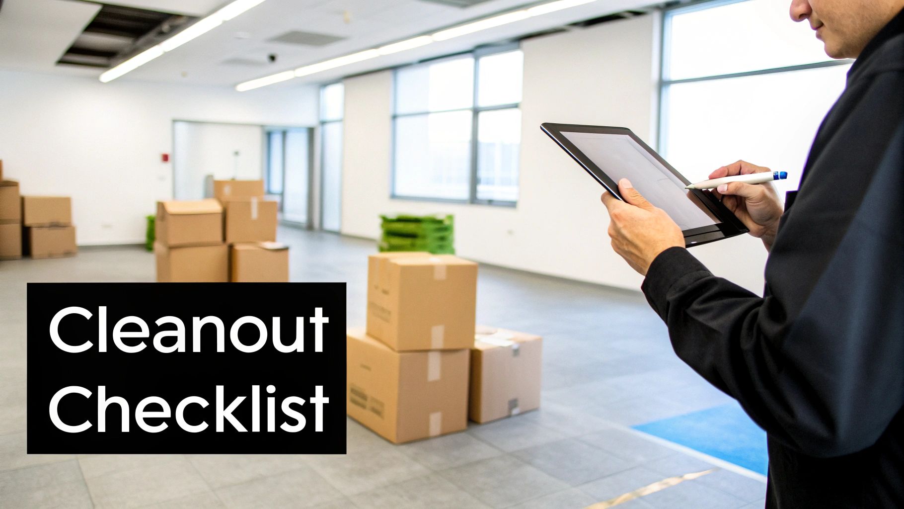 A person checks a cleanout checklist on a tablet amidst numerous moving boxes in an empty office.