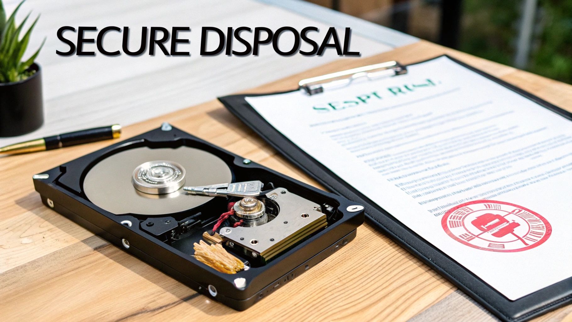 An open hard drive with a key on its disk, next to a document, symbolizing secure data disposal.