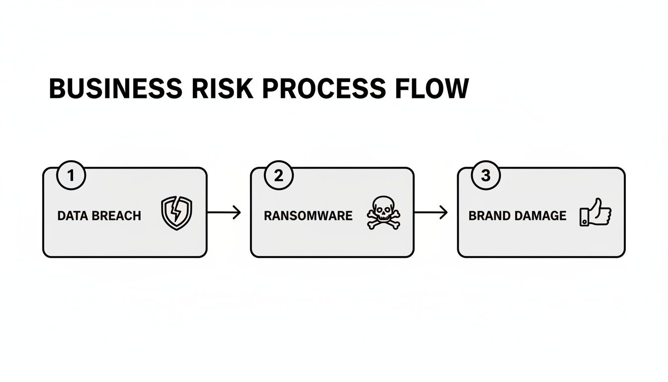 A business risk process flow diagram illustrates data breach, leading to ransomware, and finally brand damage.