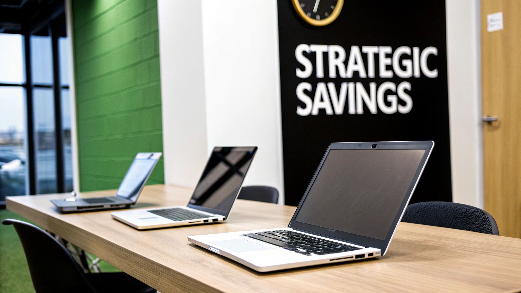 Modern office meeting room with laptops on wooden table and Strategic Savings sign on wall