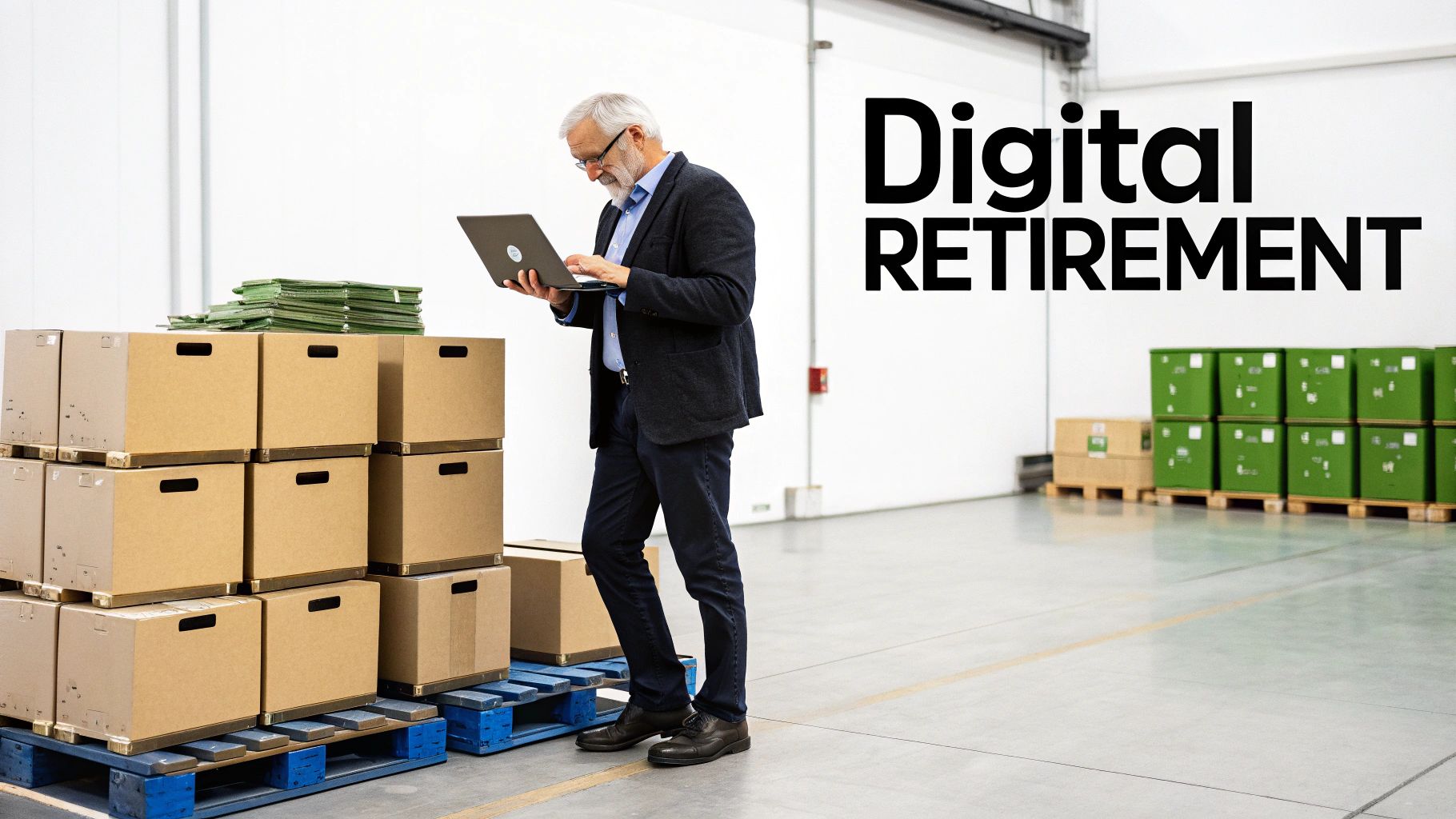 An elderly man uses a laptop in a warehouse surrounded by boxes, with 'Digital Retirement' text on the wall.