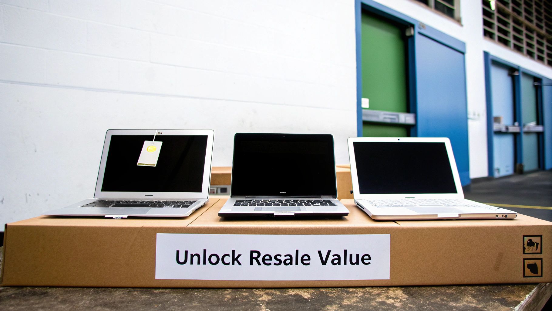 Laptops displayed on a cardboard box labeled "Unlock Resale Value," emphasizing end-of-life IT asset management and potential revenue recovery for businesses in Georgia.