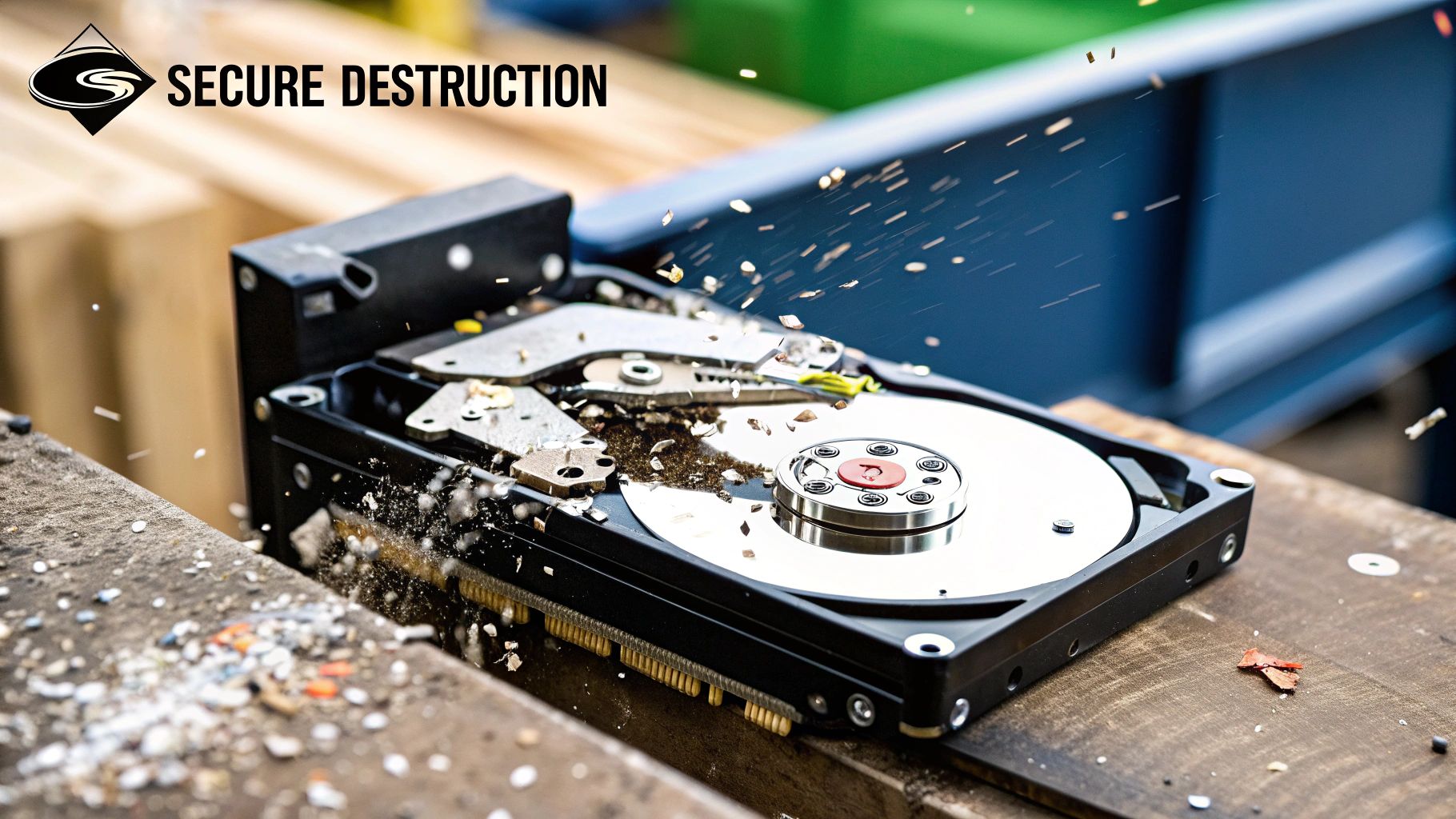 A close-up of a hard drive shredder in action, with metal fragments visible, emphasizing the physical destruction of data.