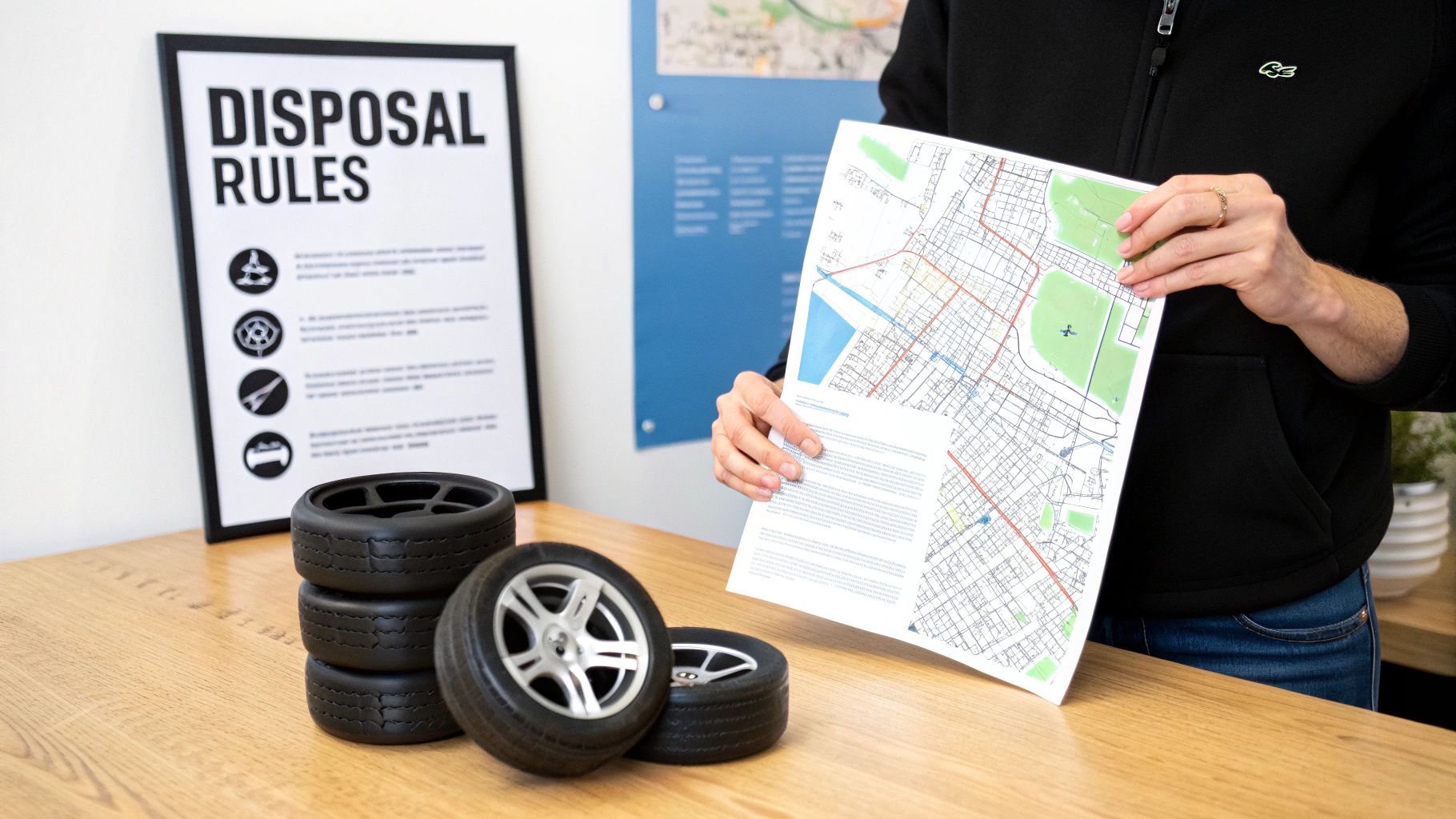 A person holds a city map, with a "DISPOSAL RULES" poster and toy tires on a wooden table.