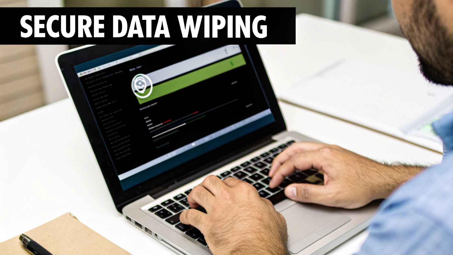 A technician holding a hard drive while working on a laptop