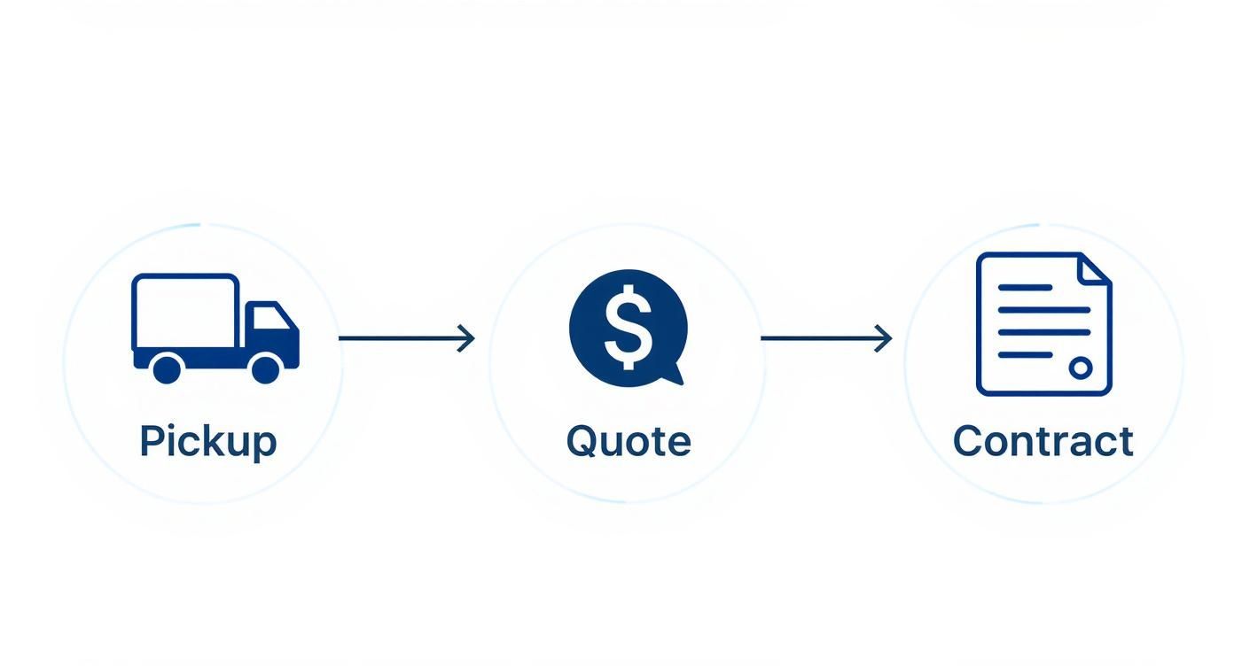 Infographic process flow showing the steps from pickup to quote to contract for electronic waste disposal companies.