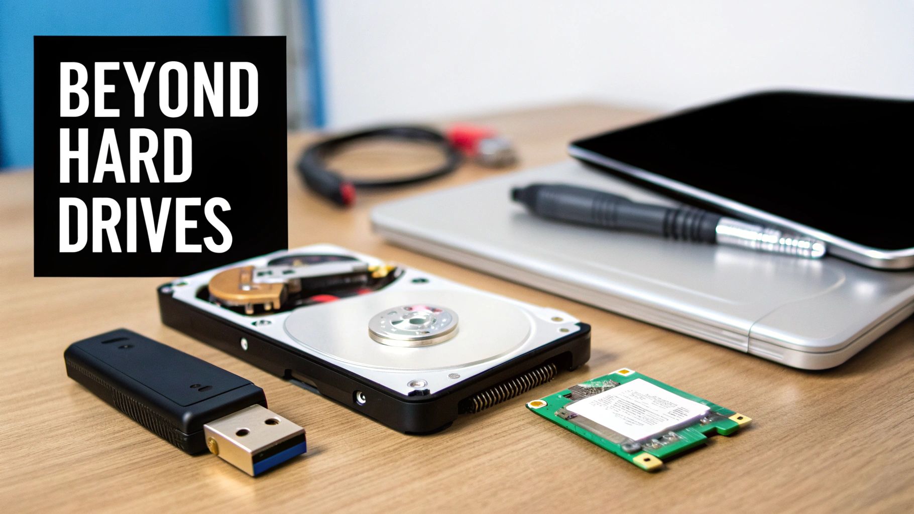 Various electronic media like SSDs, USB drives, and servers ready for destruction.