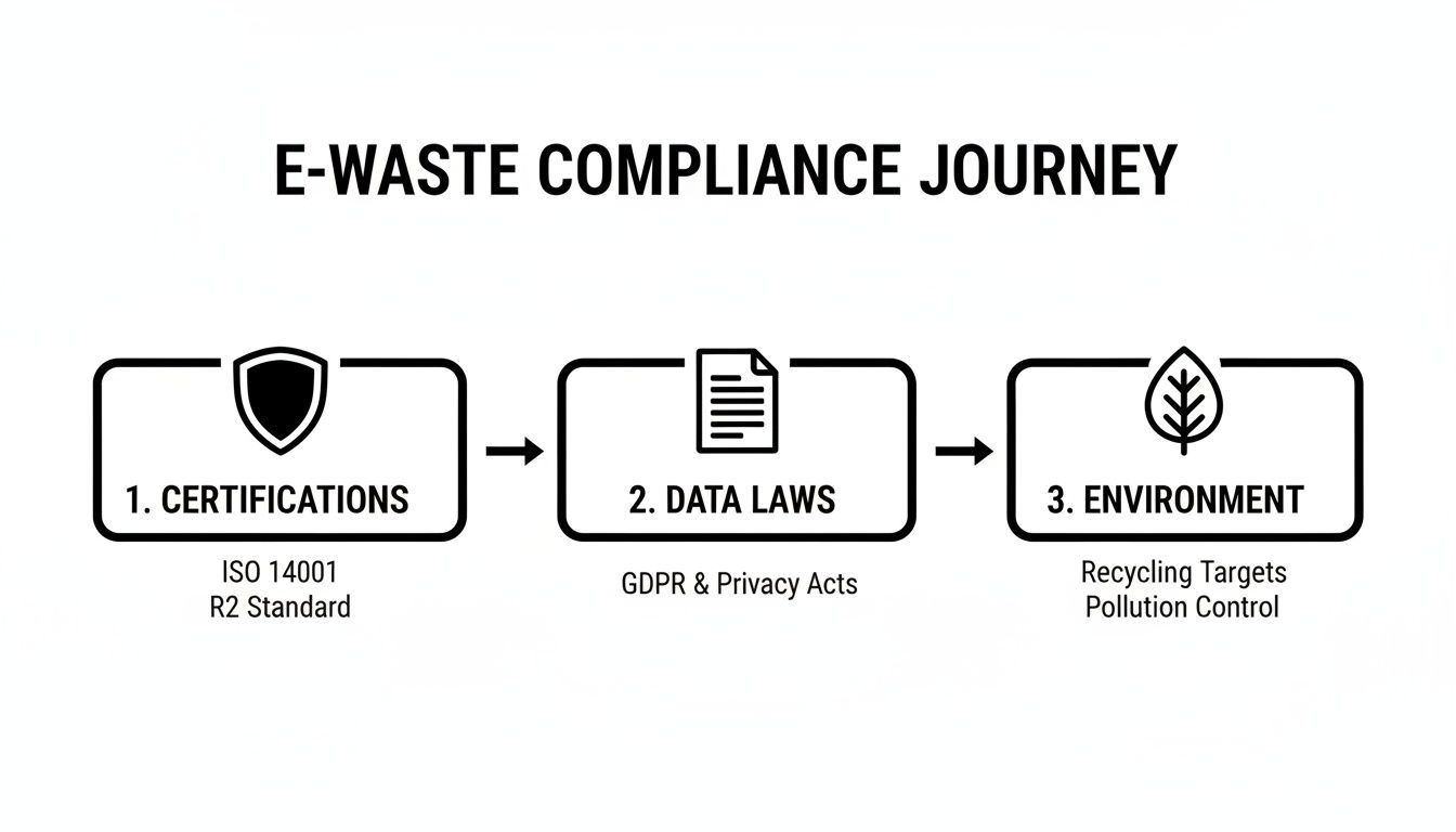 A flowchart outlining the E-Waste Compliance Journey through certifications, data laws, and environmental protection.