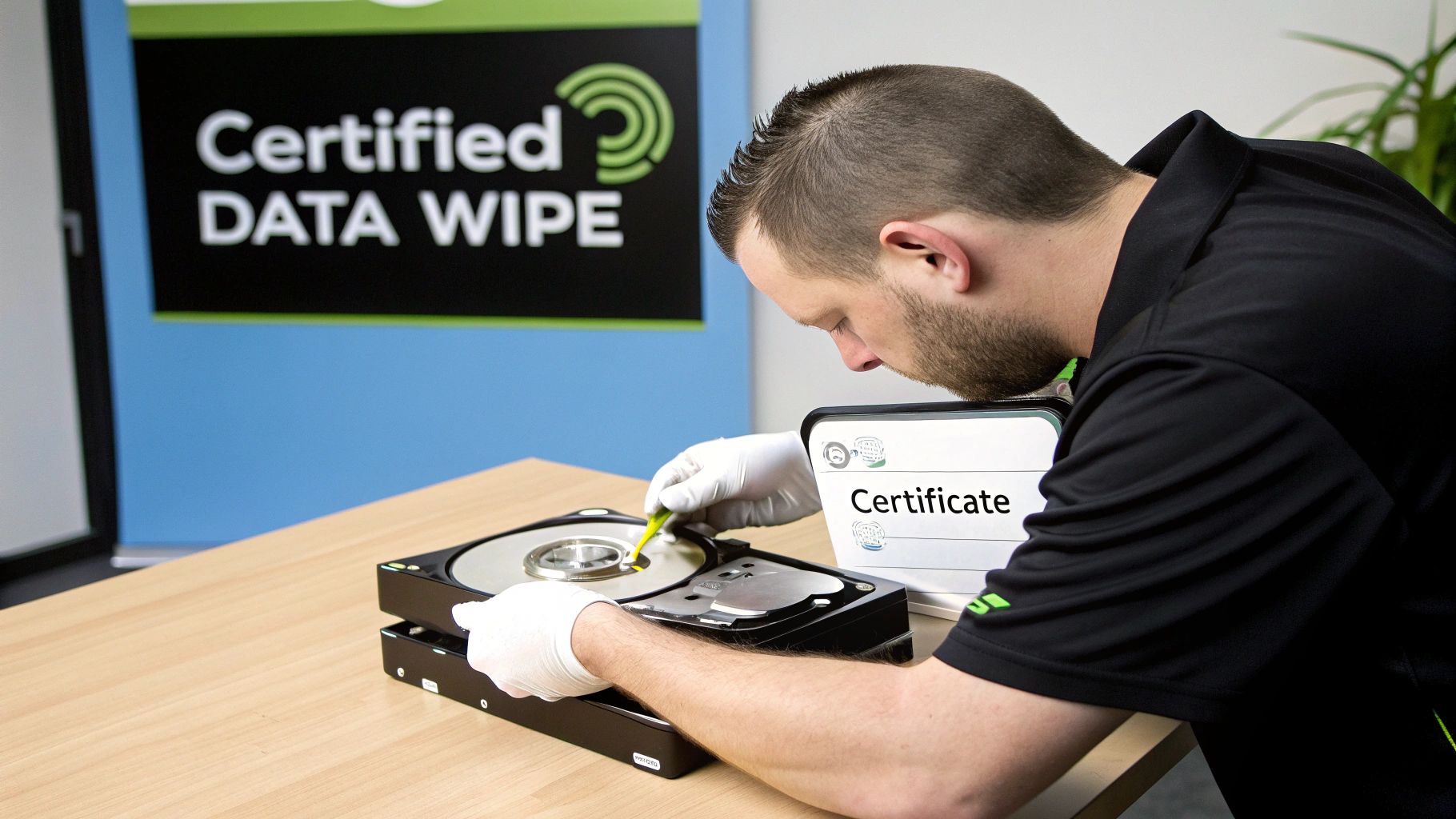 Man in gloves performs certified data wipe on an open hard drive on a wooden desk.