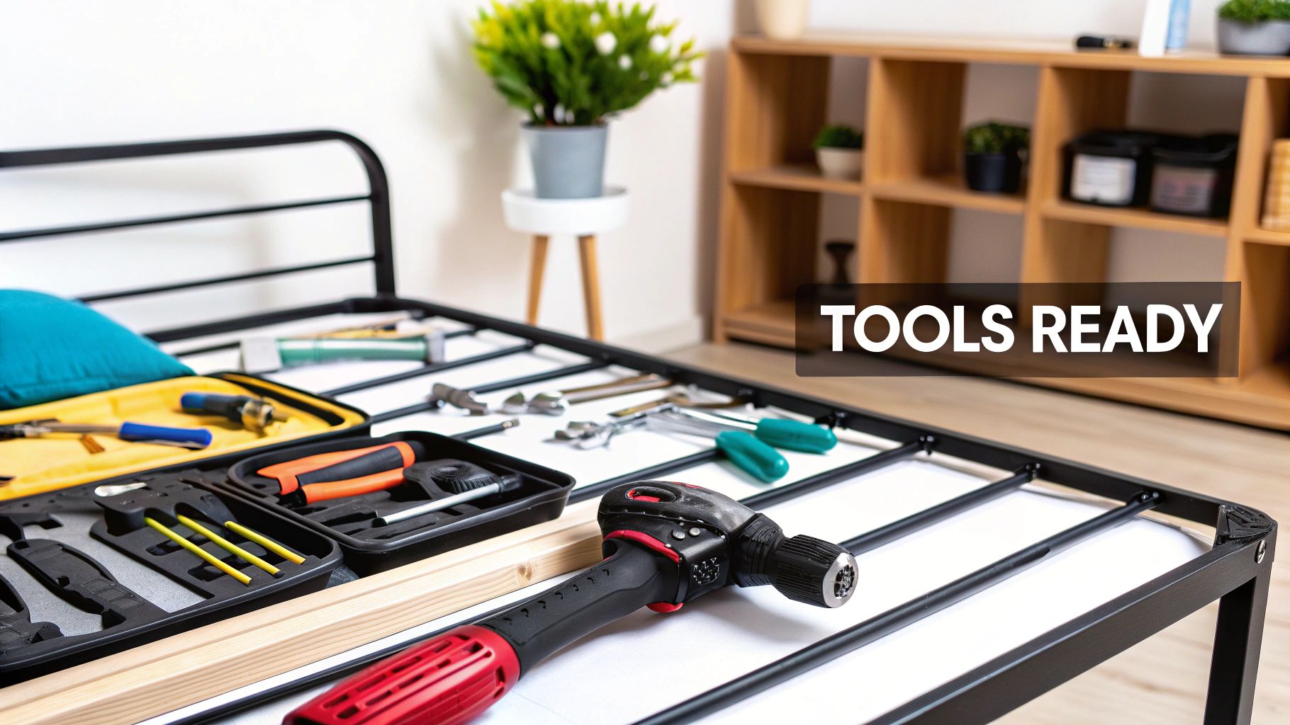 Tools and metal bed frame parts laid out ready for disassembly on bedroom floor