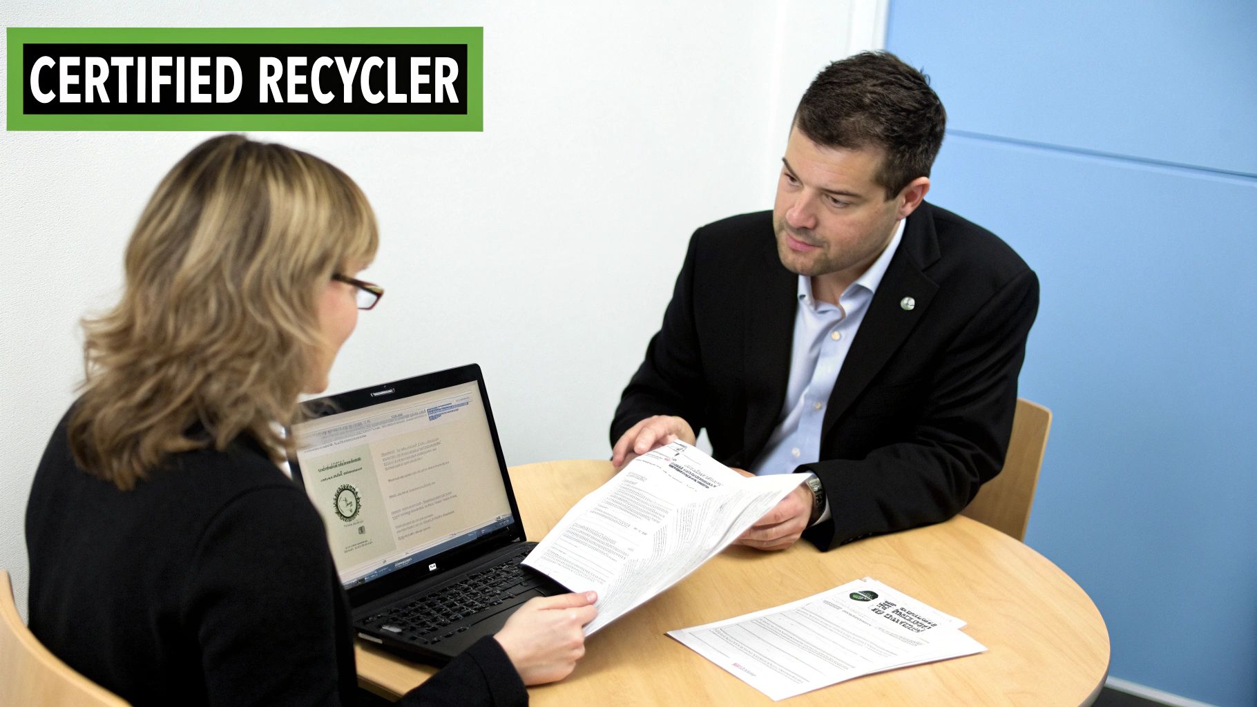 Two professionals discuss documents at a table with a laptop, under a "CERTIFIED RECYCLER" banner.