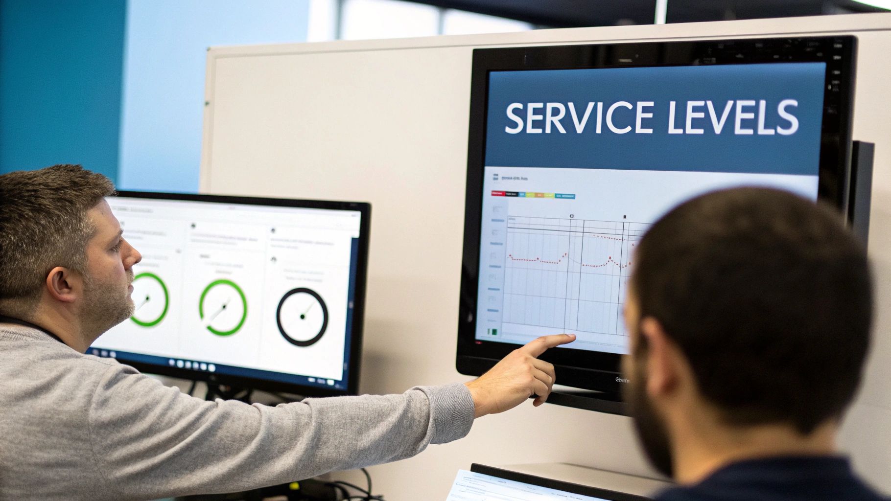 Two IT professionals review service level data on multiple monitors, pointing at graphs.