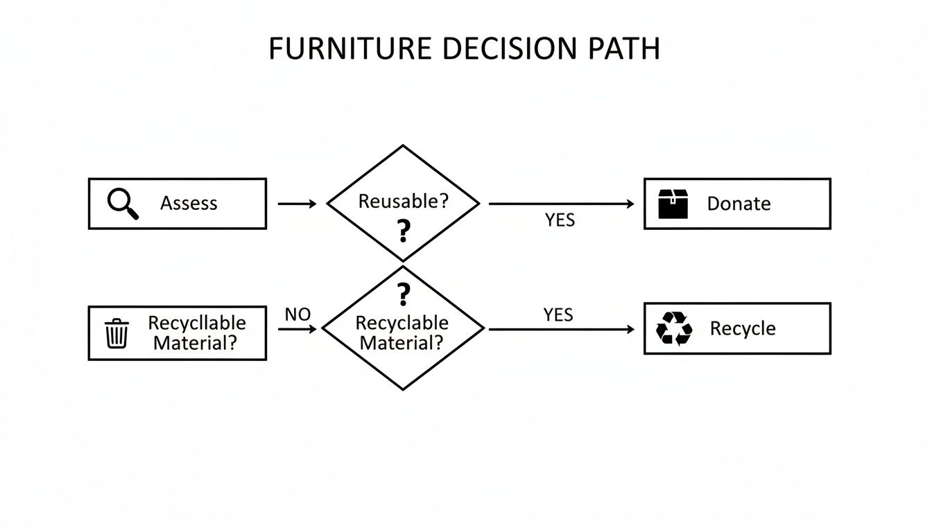 Flowchart showing furniture disposal decision path: assess, reusable, recyclable, donate, recycle options.