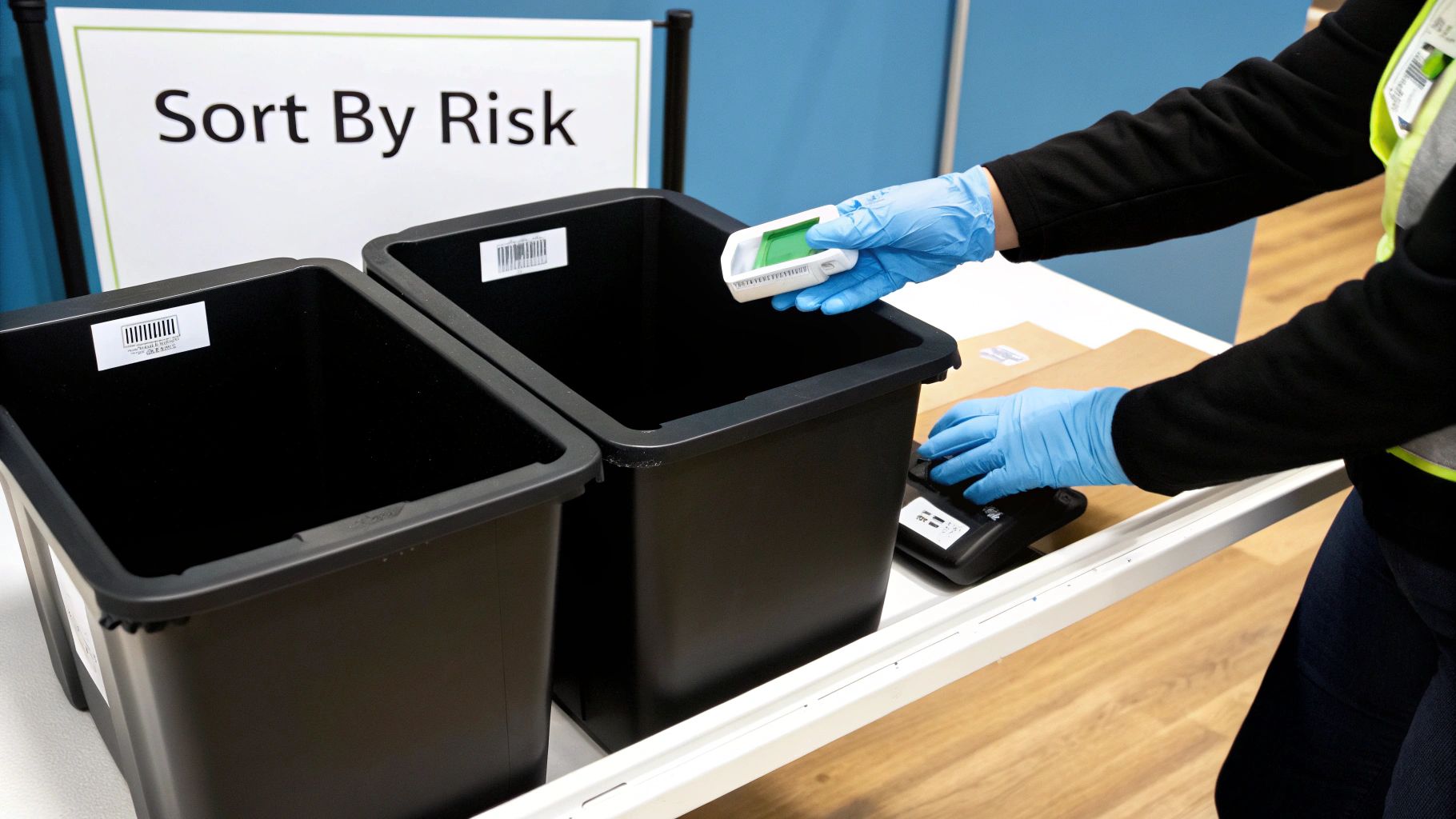A person in blue gloves sorts items into black bins, guided by a 'Sort By Risk' sign.