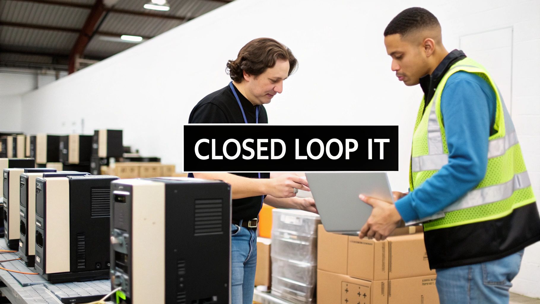 Workers in an IT facility manage and inspect refurbished computer equipment for a closed-loop system.