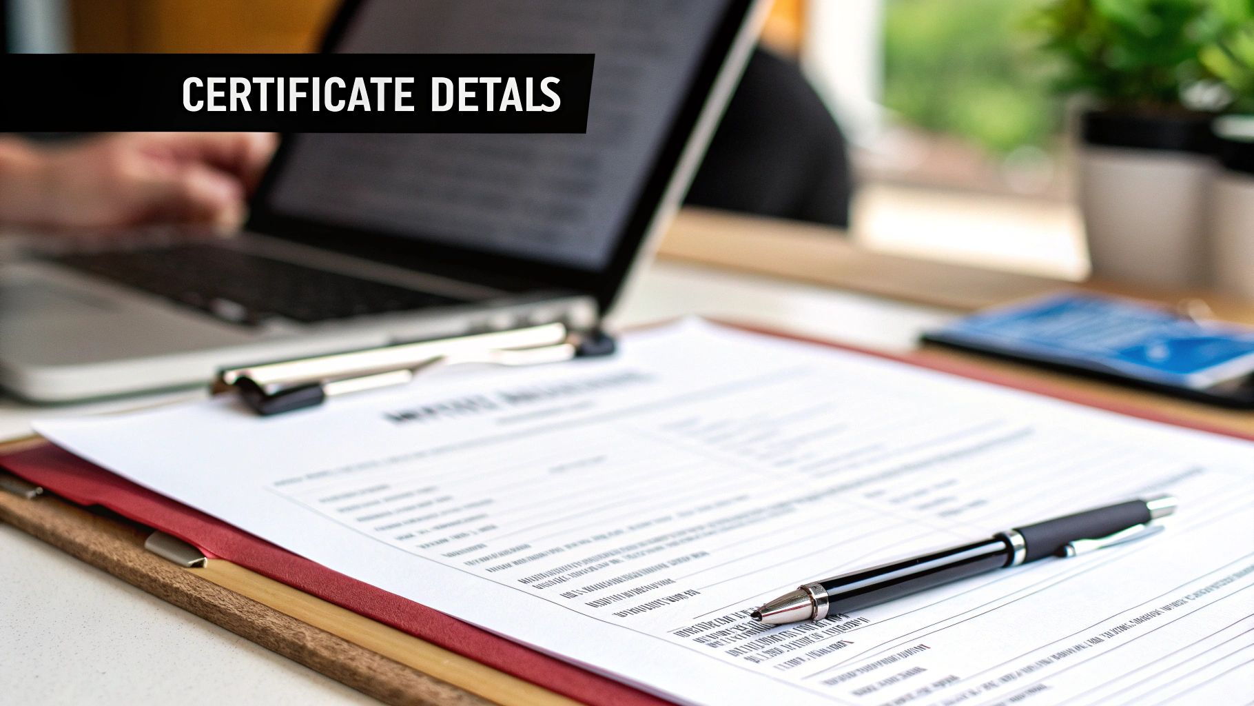 A person examining a formal certificate document with a pen.