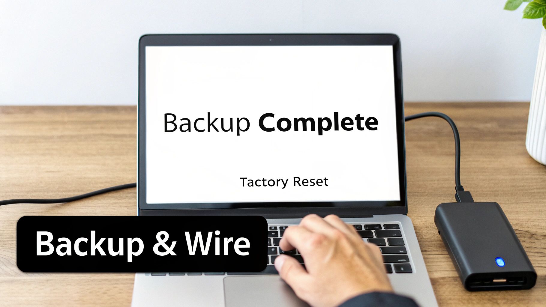 A person backing up files from a laptop to an external hard drive