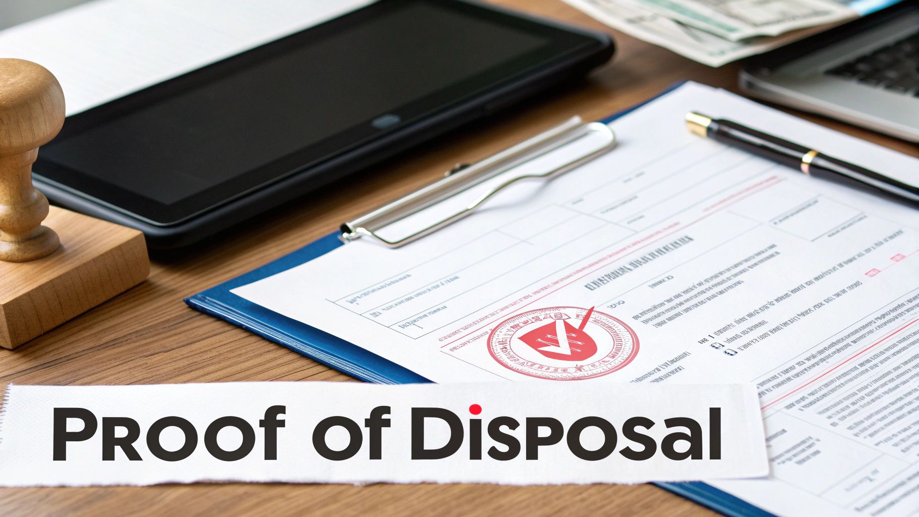 A document labeled 'Proof of Disposal' with a red stamp, tablet, pen, and wooden stamp on a desk.