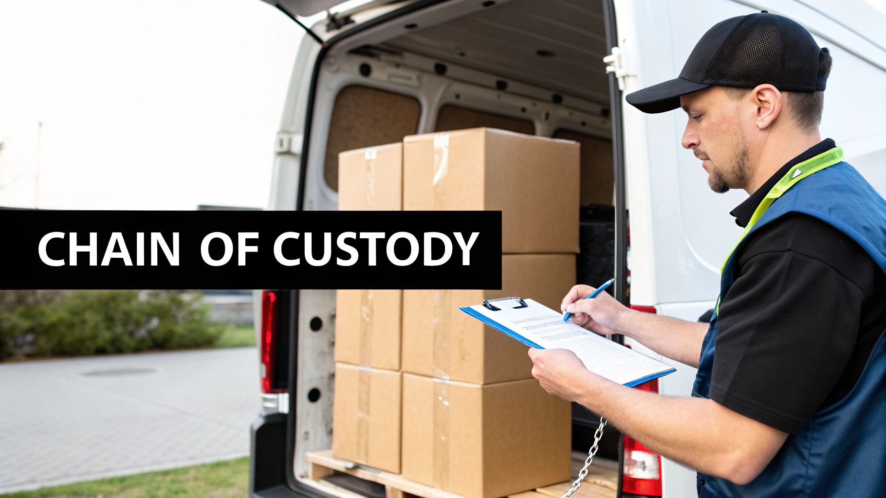 A delivery driver checking "CHAIN OF CUSTODY" documents for boxes in an open van.