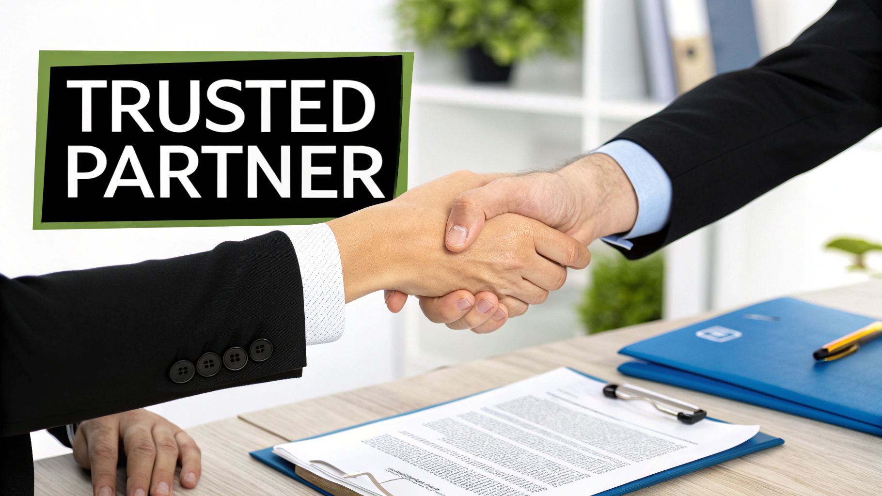 A team of professionals in a secure IT facility, one holding a clipboard and inspecting a pallet of hard drives ready for destruction.