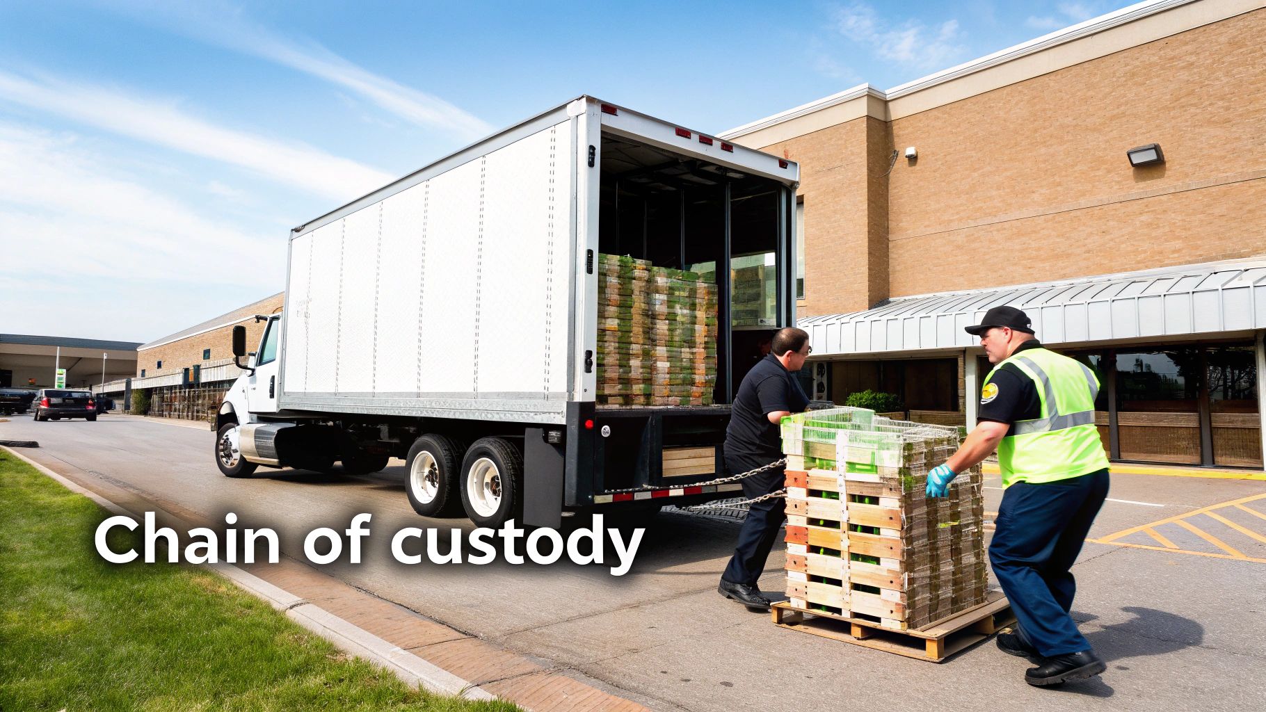 Two men unload pallets of fresh produce from a white delivery truck at a commercial building.