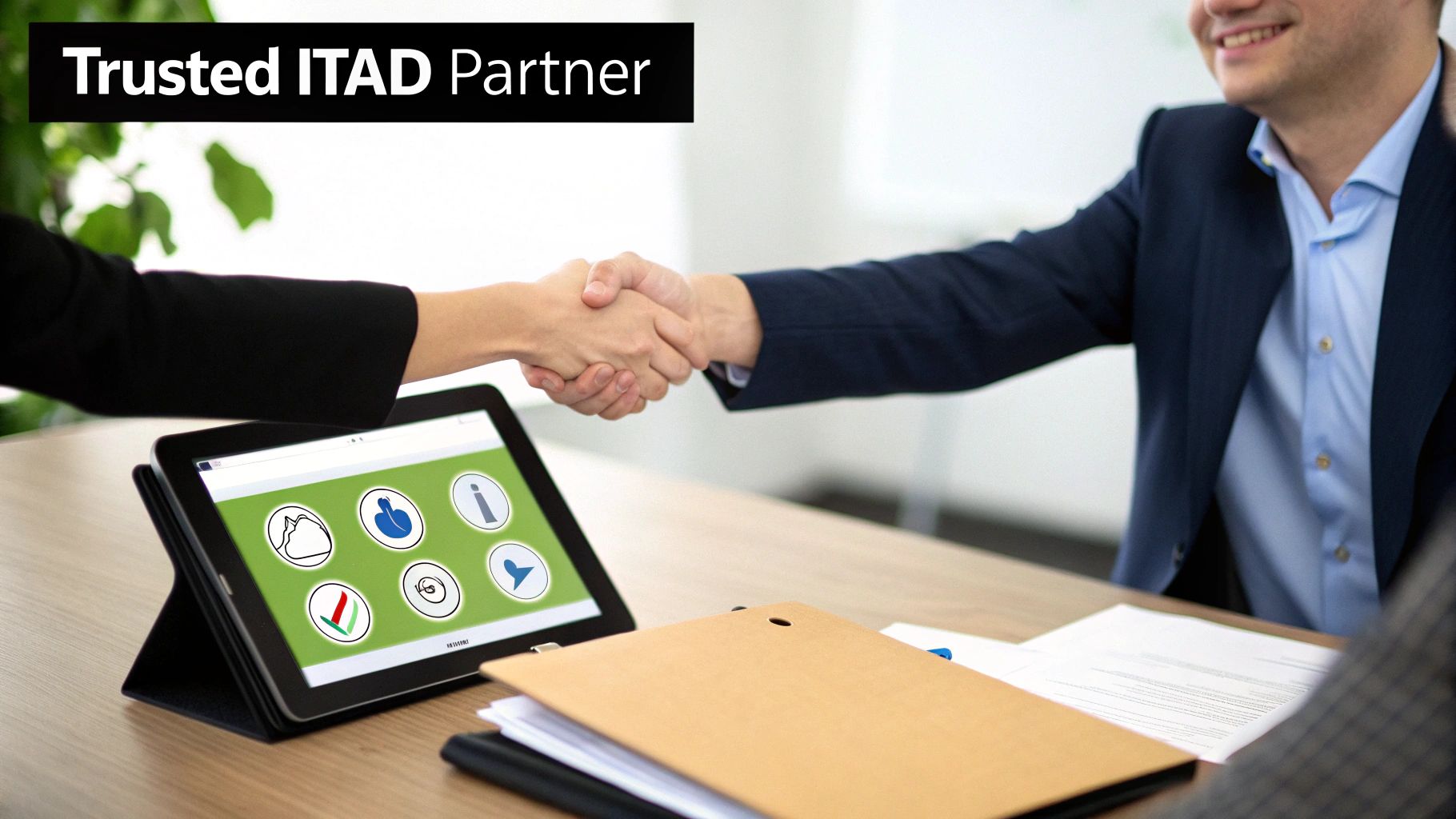 Two business professionals shaking hands across a table with a tablet, signifying an ITAD partnership.