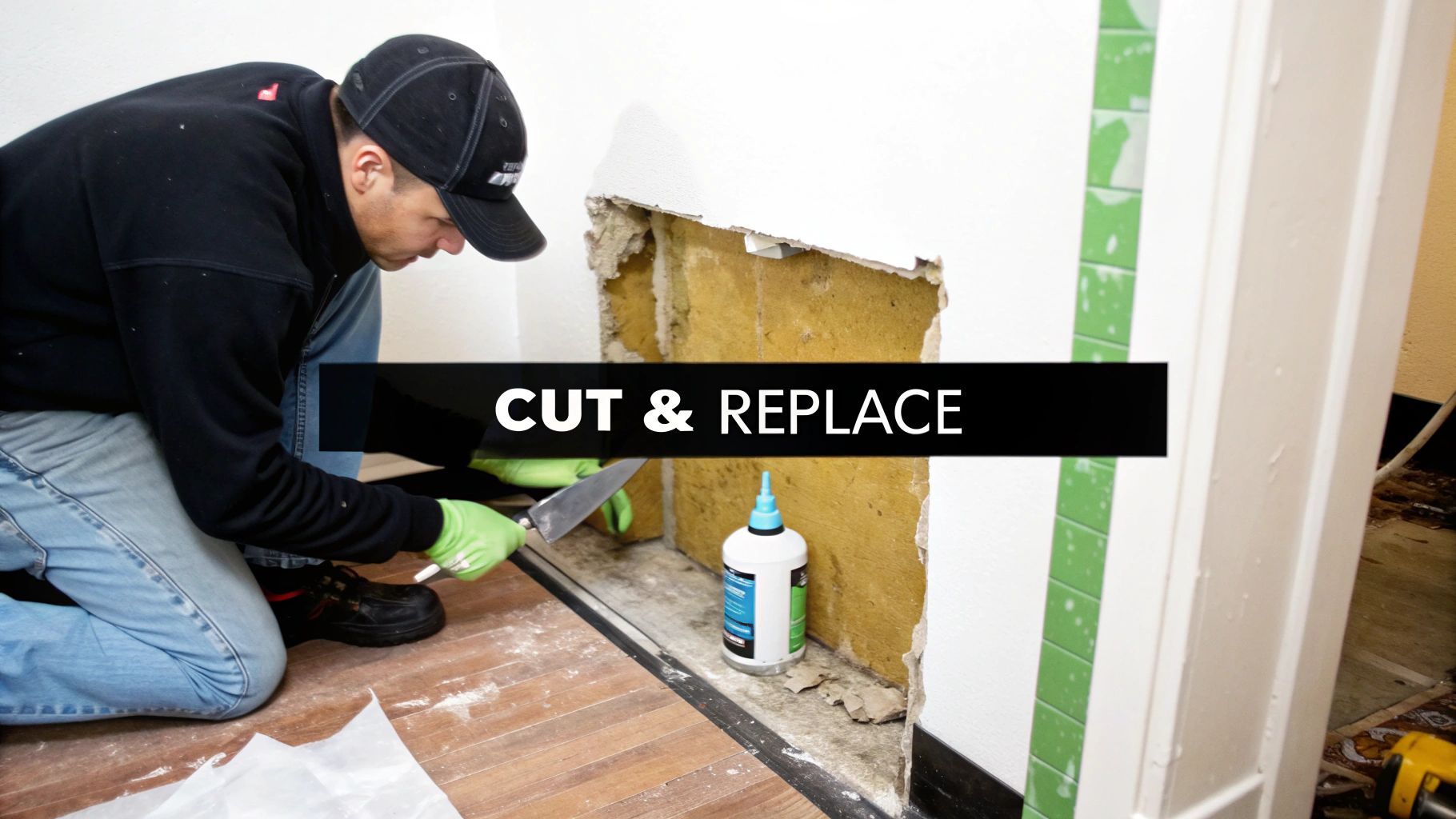 A worker in green gloves prepares to replace a section of drywall with exposed insulation.