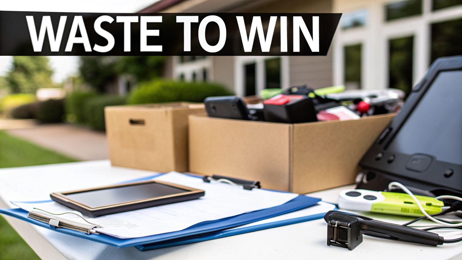 Electronic waste collection event with boxes of old devices, tablets, and paperwork on a white table.