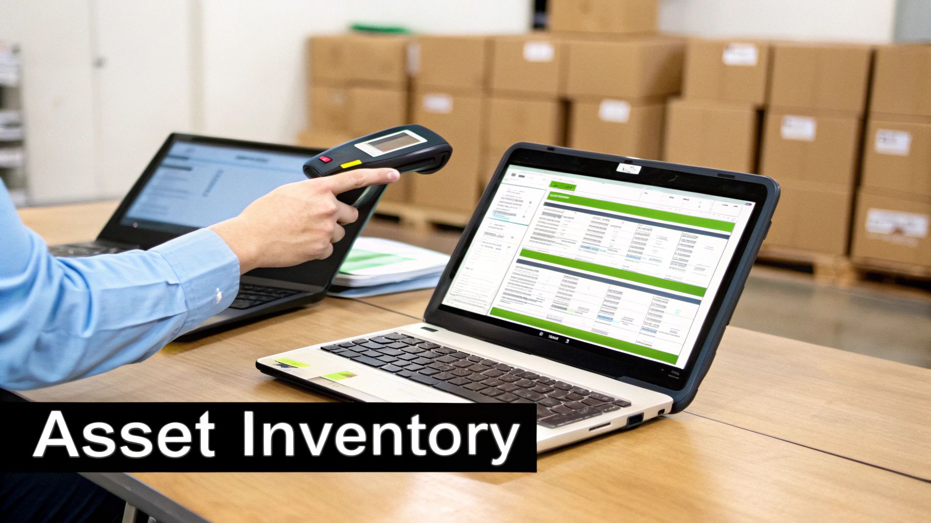 A person uses a barcode scanner with a laptop displaying asset inventory software in a warehouse setting.