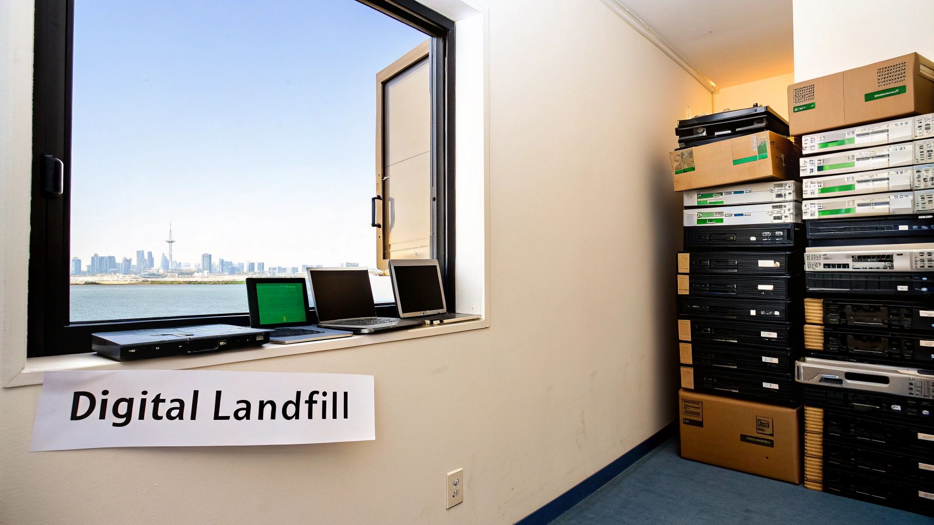 E-waste piled indoors, with a city skyline visible through an open window and a 'Digital Landfill' sign.