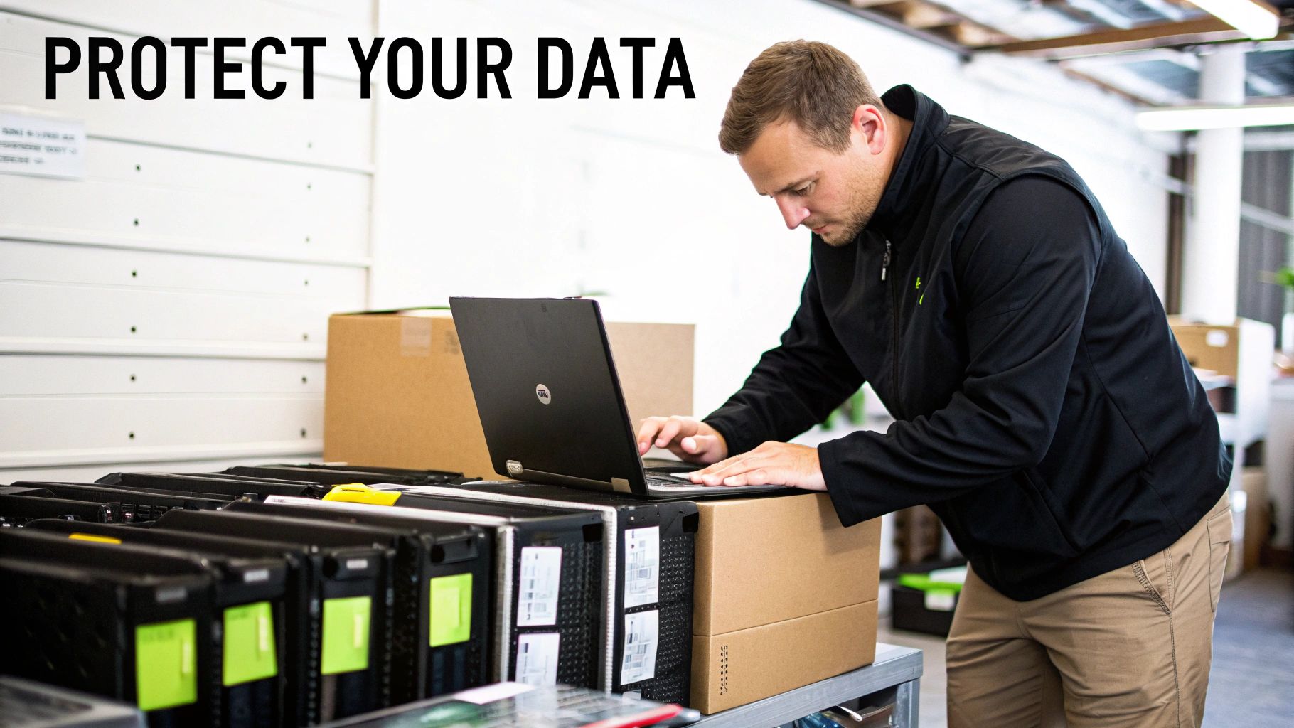 A worker organizing electronic waste, such as computers and monitors, in a warehouse for recycling.