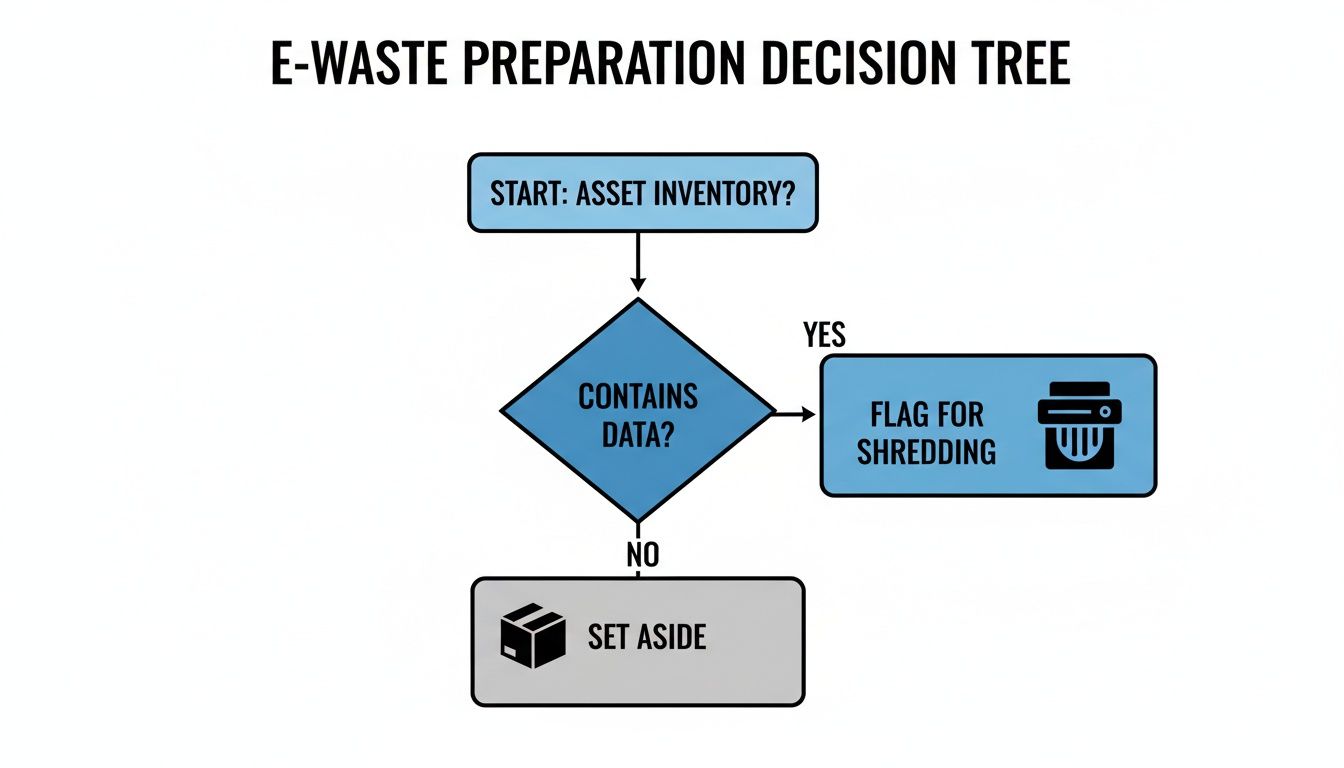A flowchart detailing the E-waste preparation decision process, from asset inventory to data shredding or setting aside.