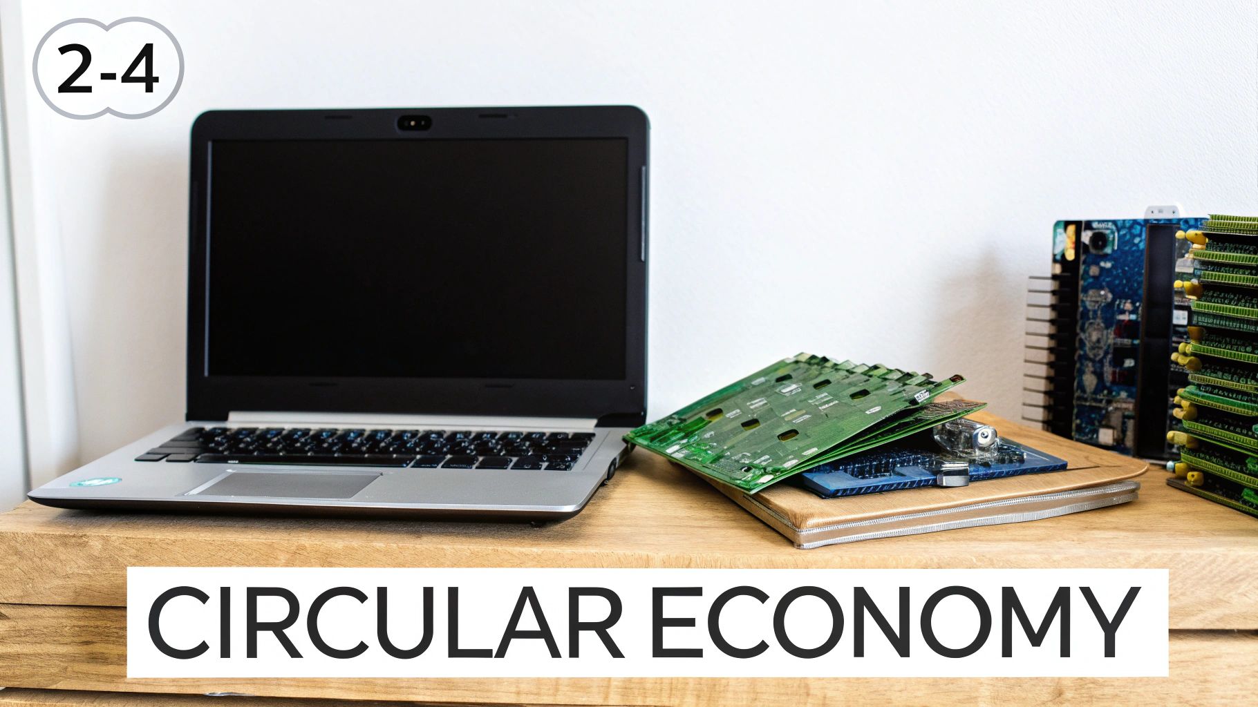 A laptop, green circuit boards, and electronic components on a desk, representing the circular economy.