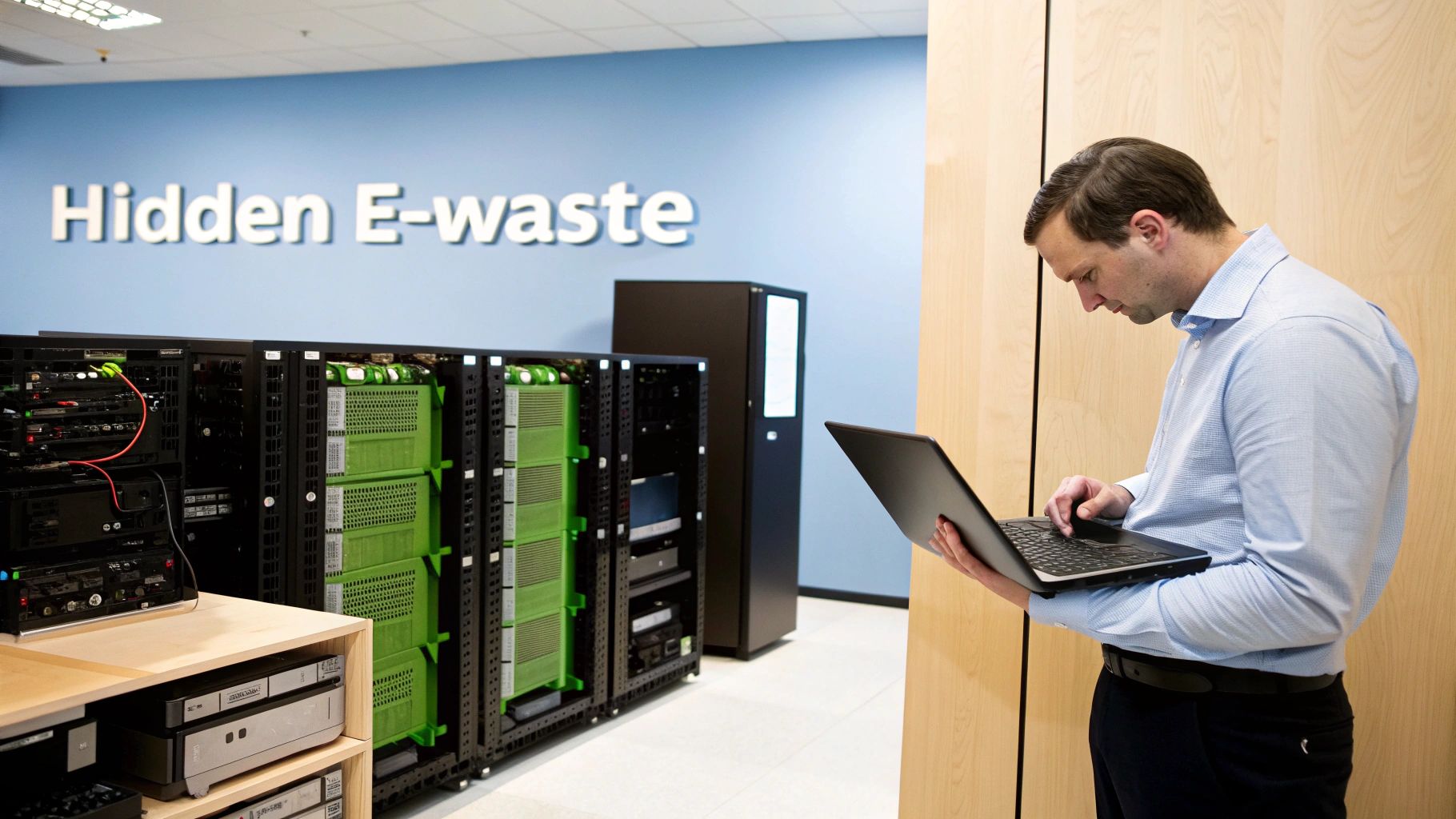 A man works on a laptop in a server room featuring 'Hidden E-waste' signage and equipment.